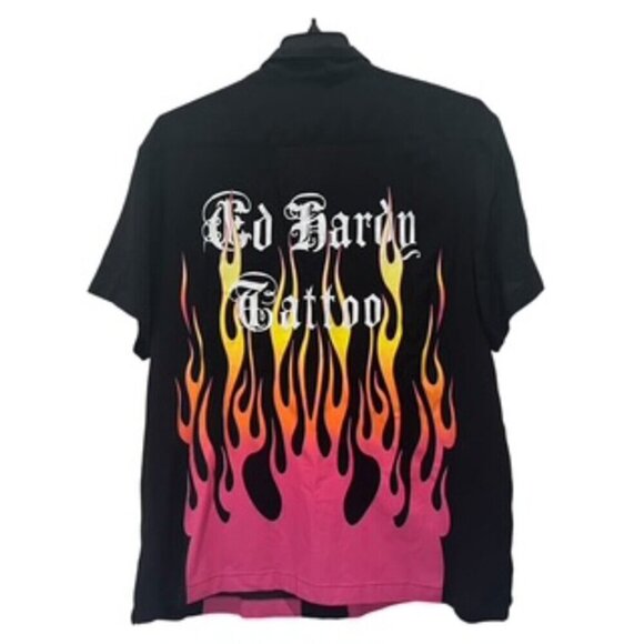 NEW Ed‎ Hardy Tattoo Black Button up Camp Shirt Men's xL Flames Button Up… - Picture 7 of 12